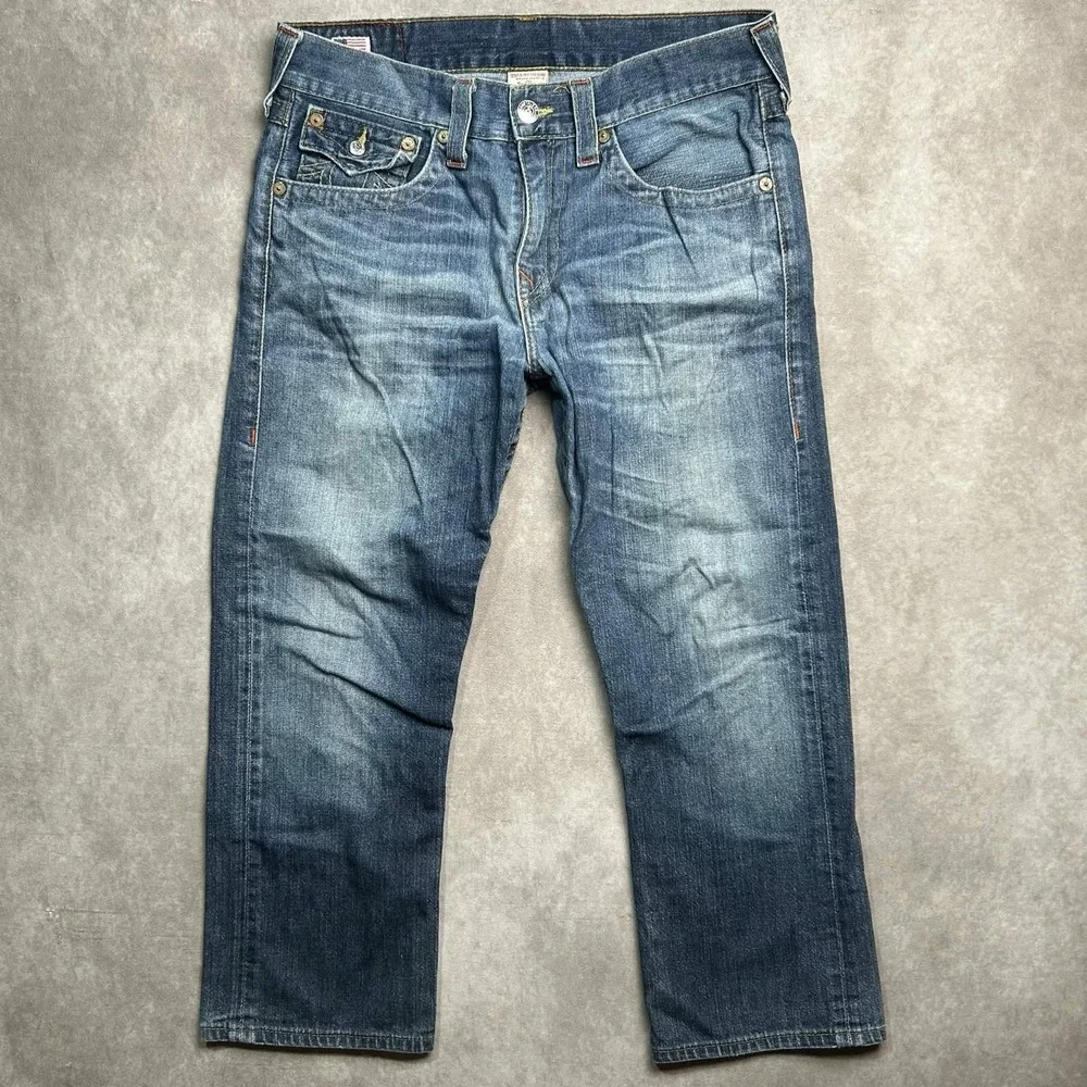 True Religion Jeans Mens 34x26 Blue Denim Straight Medium Wash Flaps USA Made